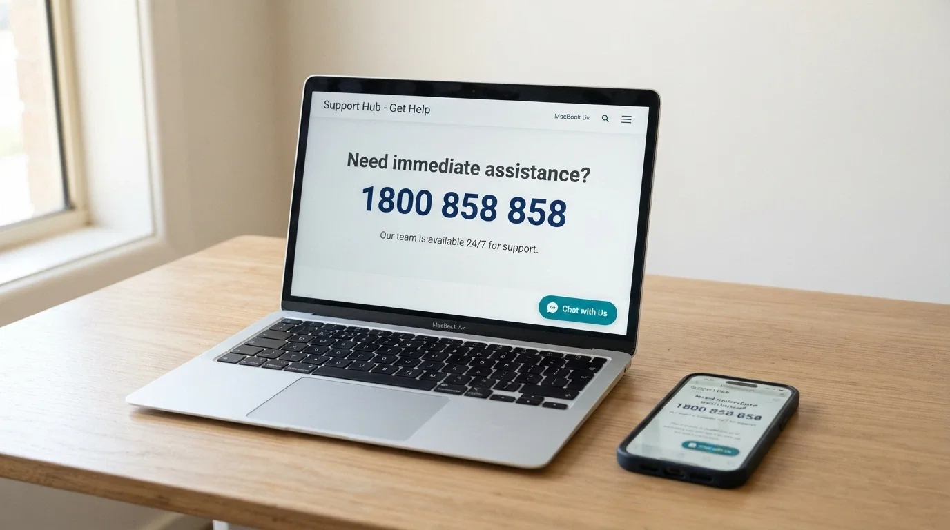 Gambling Help Online website displayed on a laptop screen with the National Gambling Helpline number 1800 858 858 prominently visible