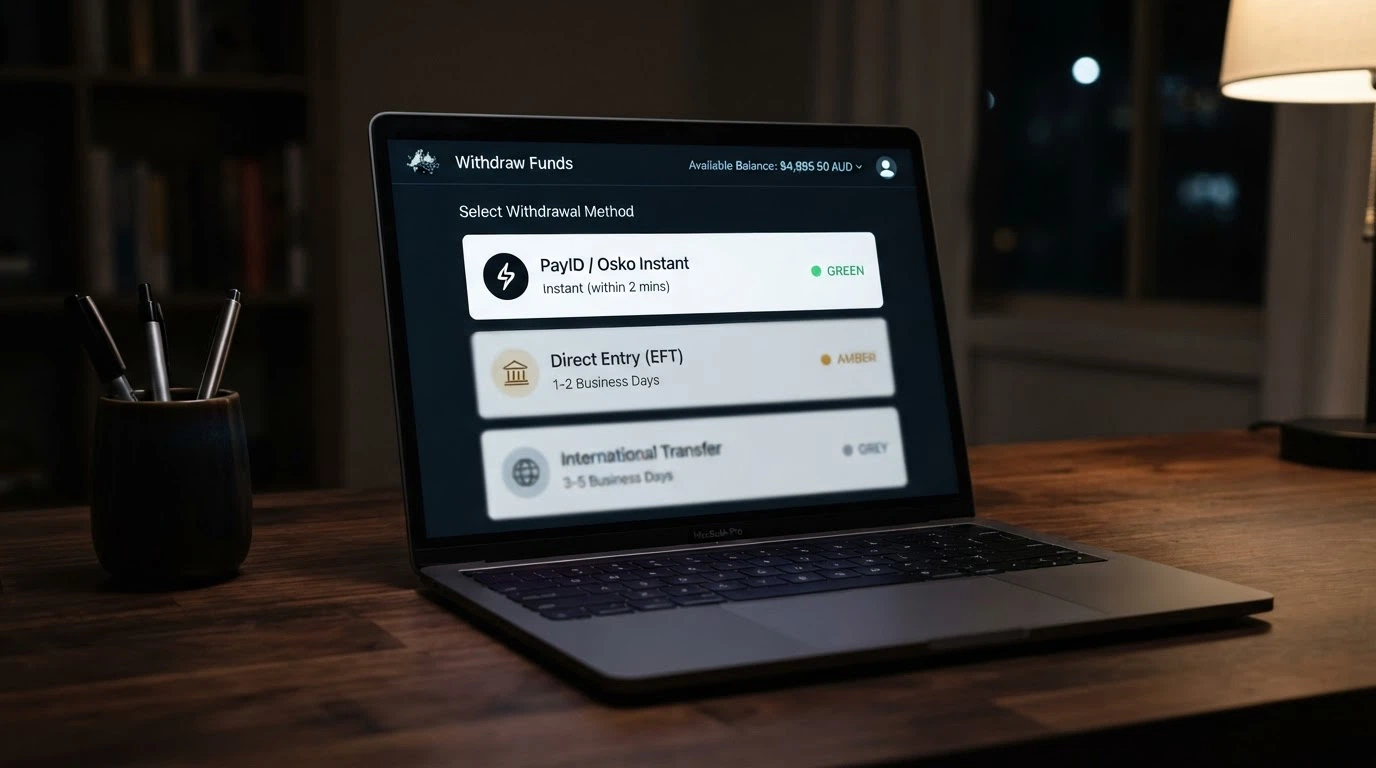 Casino banking screen displaying three withdrawal options: bank transfer, e-wallet and cryptocurrency with processing times listed beside each
