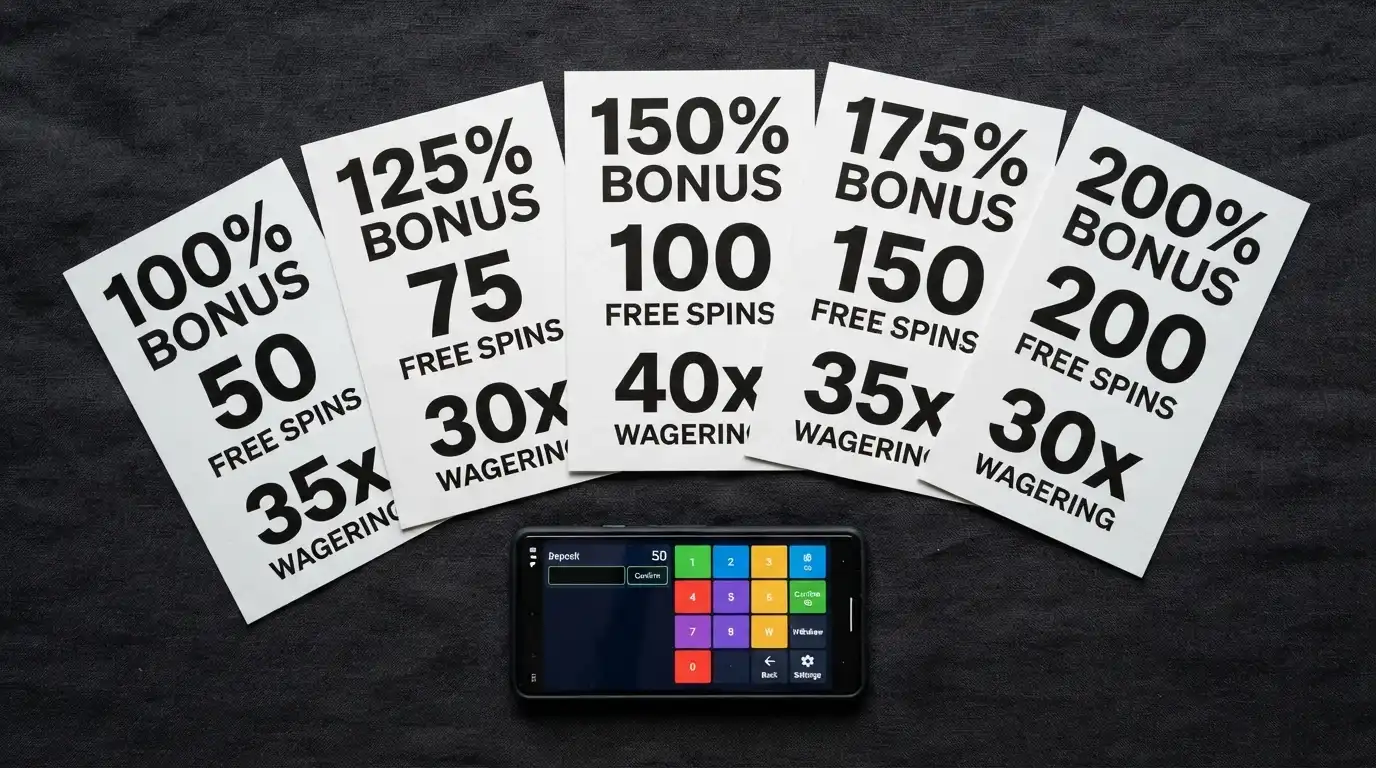 Side-by-side arrangement of casino welcome-offer cards showing different match percentages, free-spin counts and wagering multiples
